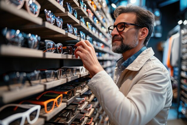 Foto un hombre elige gafas ópticas generative ai