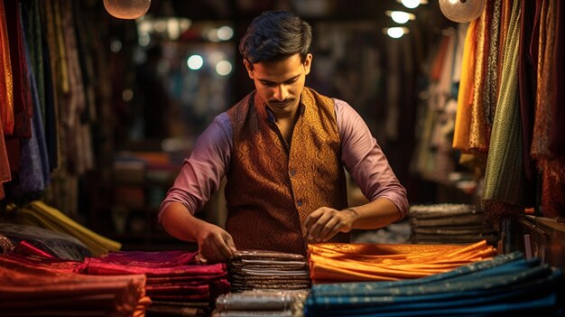 hombre eligiendo tela india en el mercado