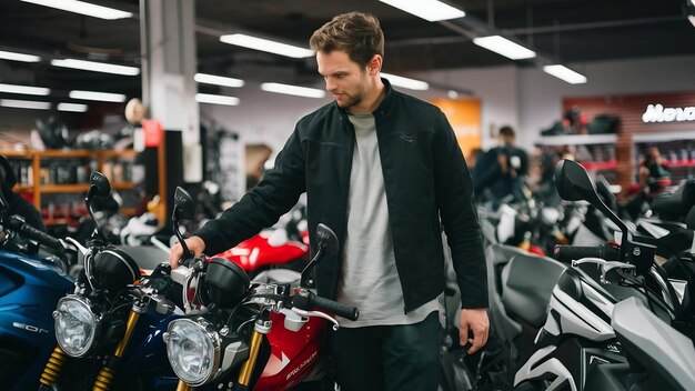 Foto hombre eligió motocicletas en la tienda de moto tipo en una chaqueta negra