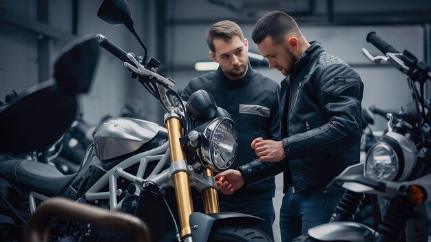 Foto hombre eligió motocicletas en la tienda de motochoques tipo en una chaqueta negra gerente con cliente