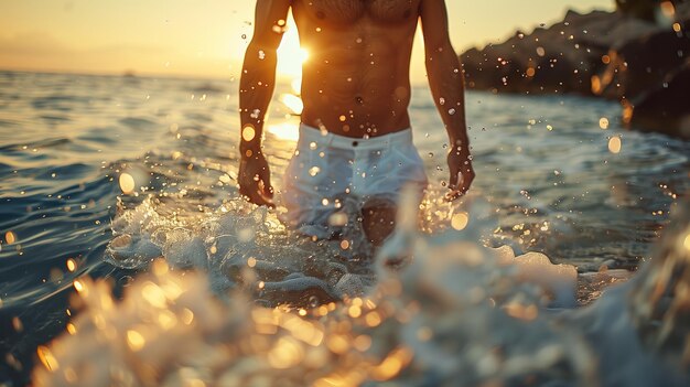 Un hombre emerge del líquido al atardecer en la playa disfrutando del ocio y la diversión