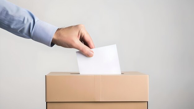 Foto hombre emitiendo voto en una caja de votación imagen simbólica de la democracia la mano dejando caer el voto en la ranura representación sencilla y clara del proceso de votación ia