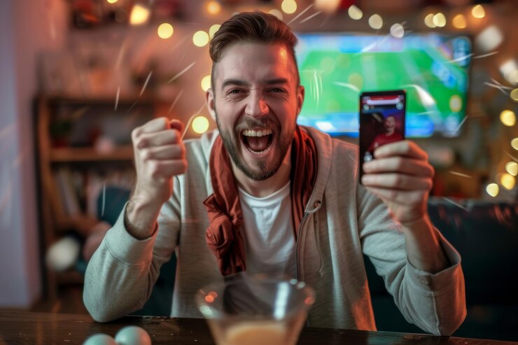 Hombre emocionado con una bomba de puño celebrando mientras mira su teléfono inteligente en un entorno interior con luces de fondo suaves