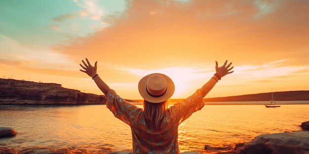 Hombre emocionado feliz que levanta sus manos al cielo azul