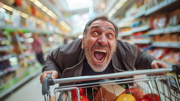 Foto hombre emocionado de mediana edad empujando enérgicamente un carrito de compras en un pasillo de un supermercado
