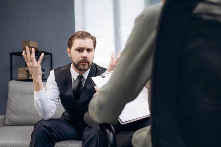 Hombre emocional hablando de sentimientos en la oficina del terapeuta
