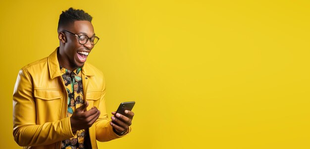 Hombre emocionante usando un teléfono inteligente