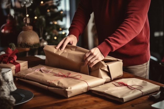 Hombre empacando un regalo