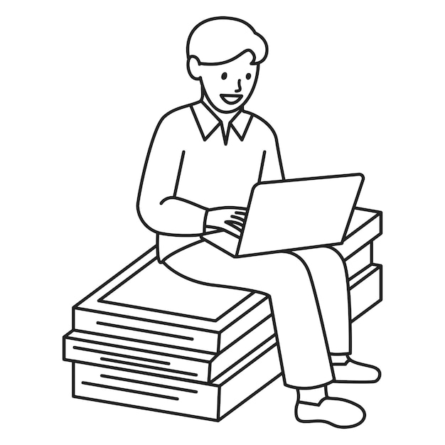 Hombre empleado de PNG trabajando en una computadora portátil en un espacio de trabajo relajante dibujando una línea de pegatinas de fondo transparente