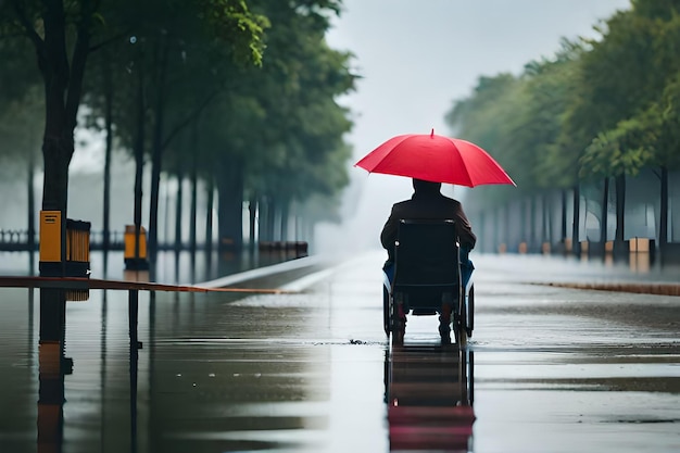 Un hombre empuja una silla de ruedas con un paraguas por una calle inundada.