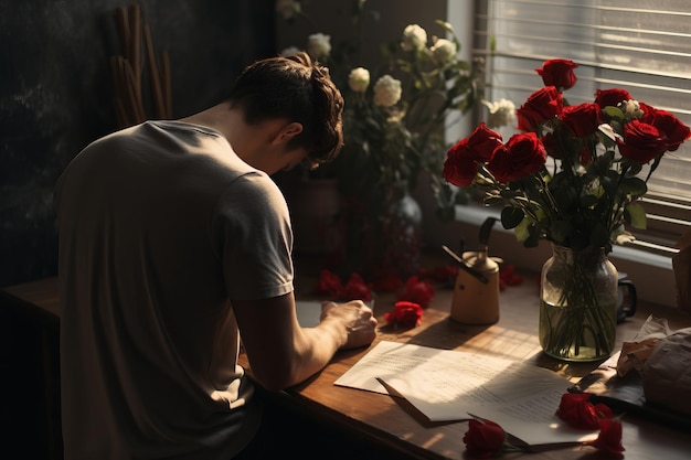 un hombre enamorado escribe una carta de amor en la mesa ai generativo del romance del día de San Valentín