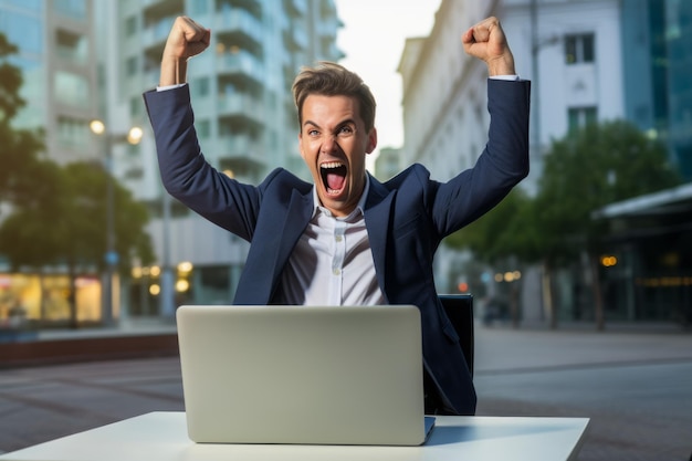 El hombre encantado celebra la victoria levantando las manos y regocijándose en los logros profesionales o al final del día de trabajo. El hombre de negocios grita con una sonrisa y está encantado con noticias increíbles que prometen un crecimiento de los ingresos.