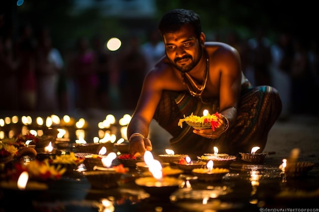 un hombre enciende velas en un templo.