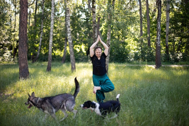 El hombre se encuentra en una asana practicando yoga en el parque sobre la hierba verde con sus perros