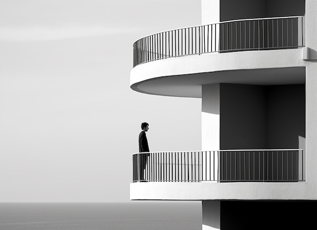 un hombre se encuentra en un balcón con vista al océano.