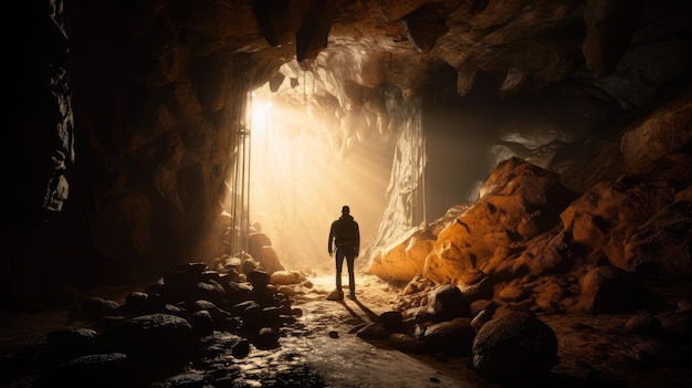 Un hombre se encuentra en una cueva oscura con la luz brillando sobre él.