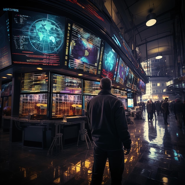 un hombre se encuentra frente a una tienda con un mapa del mundo en la pantalla.