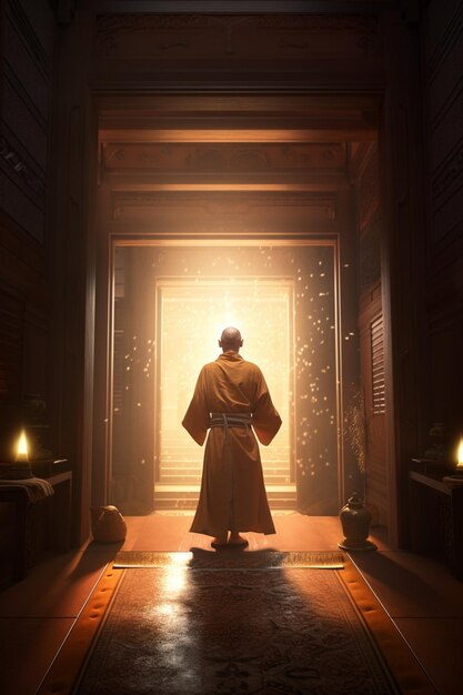 Un hombre se encuentra en una habitación con una gran puerta dorada.