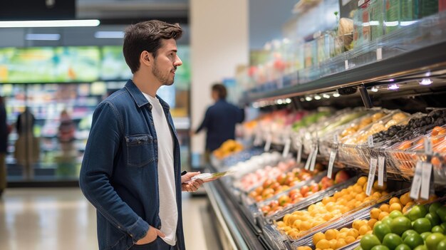 Un hombre se encuentra en un mercado de comestibles recogiendo alimentos