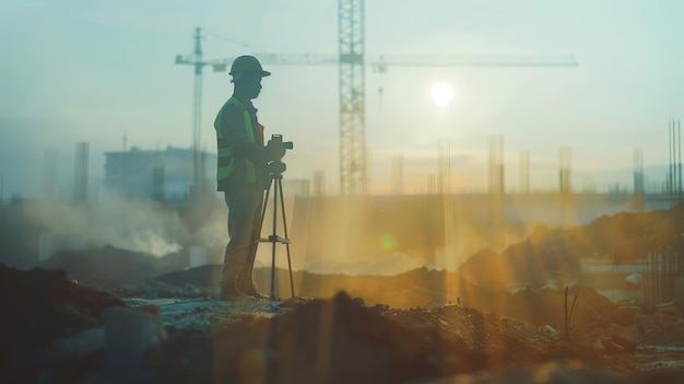 El hombre de la encuesta de doble exposición y el ingeniero civil están en el suelo trabajando en un sitio de construcción de tierra sobre el trabajador de la construcción borroso en el sitio de construcción