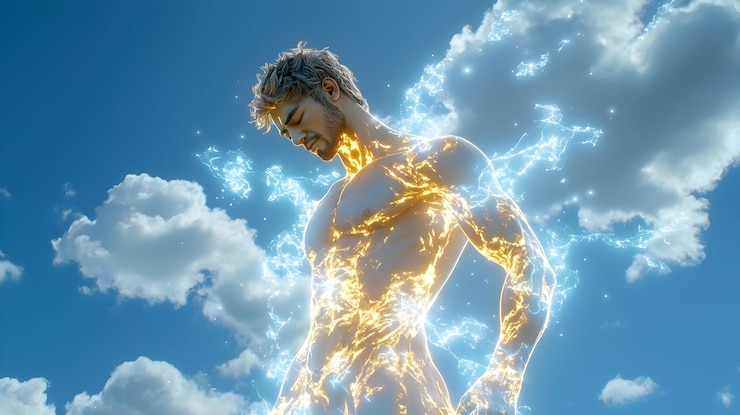 Foto hombre con energía de luz y nubes en el cielo
