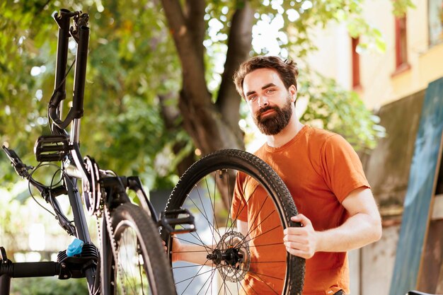 Hombre enérgico amante de los deportes que sostiene con seguridad un neumático de bicicleta roto para repararlo y darle servicio para el ciclismo de ocio de verano. Ciclista masculino joven sano que vuelve a colocar y ajusta la rueda de la bicicleta afuera.