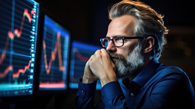 Hombre enfocado con barba y gafas estudiando datos del mercado de valores en múltiples monitores de computadora que reflejan un entorno comercial serio y profesional