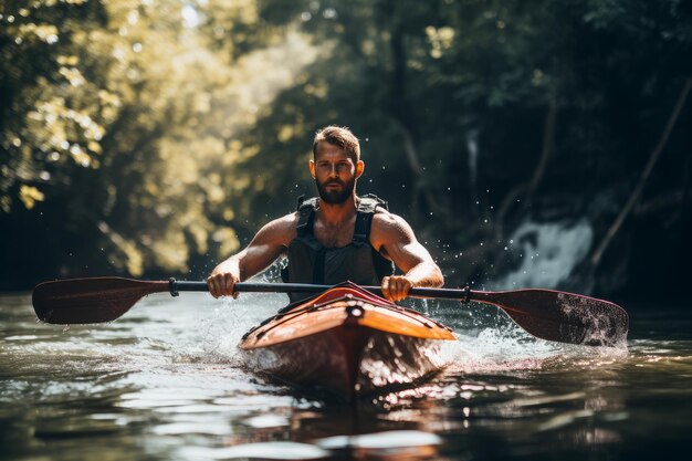 Hombre enfocado en el kayak de agua Generar Ai