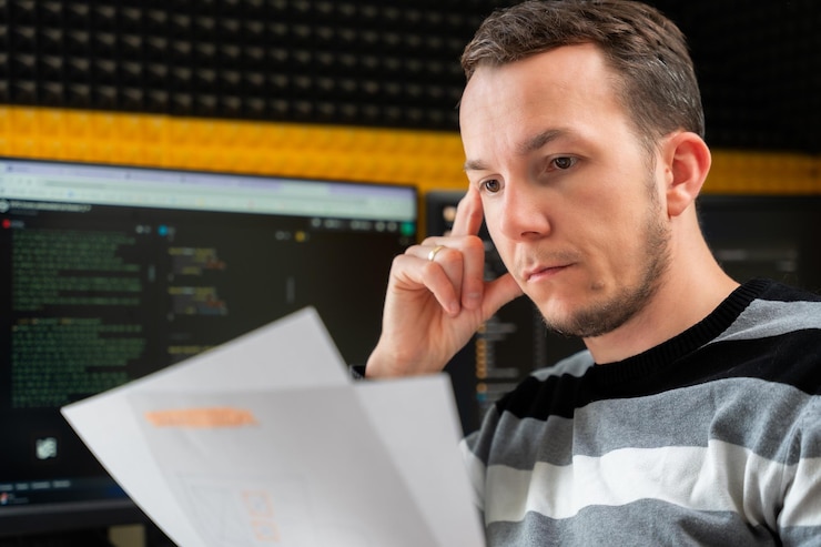 Foto hombre enfocado leyendo documentos impresos en el espacio de trabajo de desarrollo de software con código en monitores