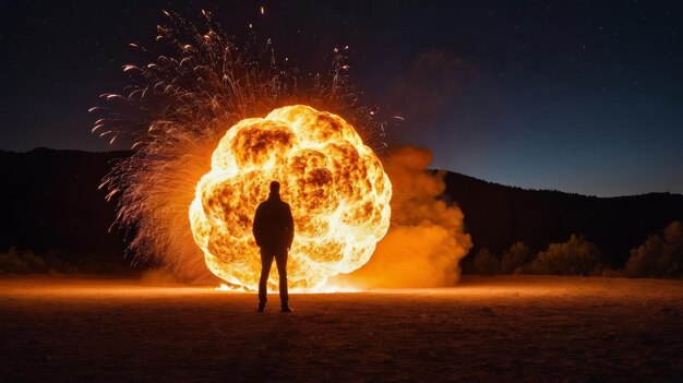 Foto un hombre se enfrenta a una enorme bola de fuego