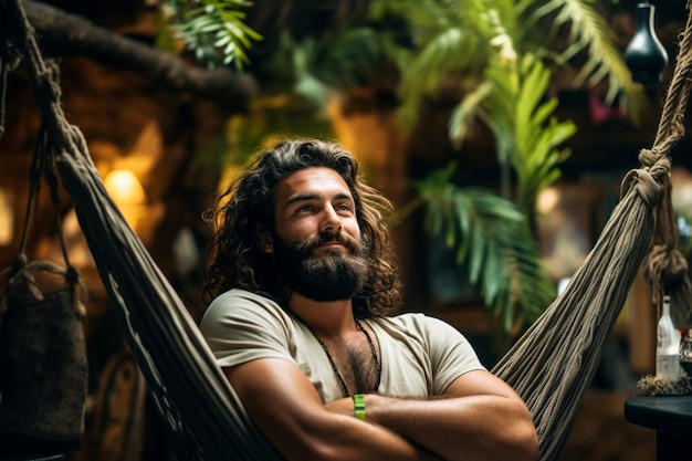 Foto el hombre se está enfriando y relajando en la hamaca en el campamento