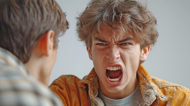 Un hombre enfurecido está gritando combativo agarrando al joven por la camisa y amenazándolo
