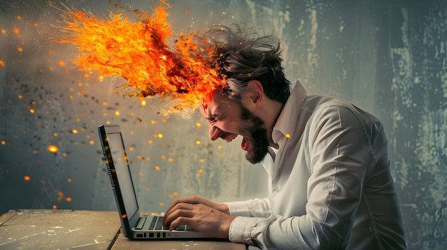 Foto hombre enfurecido luchando con una computadora portátil mientras le salen llamas de la cabeza