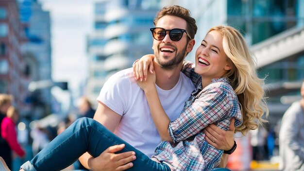 Foto hombre engañoso con gafas de sol y vaqueros blancos se abraza con una mujer rubia con camisa a cuadros