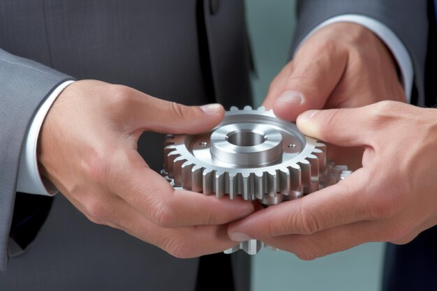 Hombre con un engranaje en las manos trabajo en equipo equipo metálico plata equipo progreso industrial máquina de ingeniería