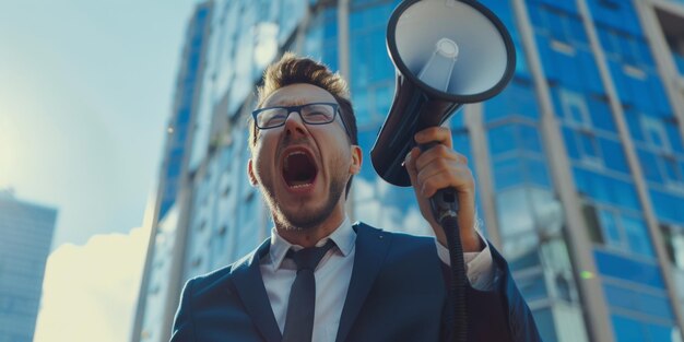 hombre enojado en la calle con un altavoz IA generativa