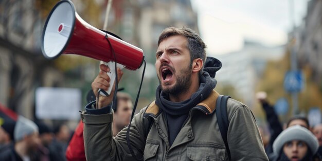 hombre enojado en la calle con un altavoz IA generativa