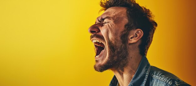 Foto hombre enojado gritando de dolor con expresión furiosa en el fondo oscuro del estudio