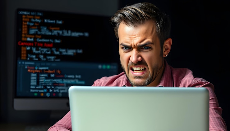 Foto hombre enojado con mala expresión mirando una pantalla de computadora con malas notificaciones personas adultas trabajando