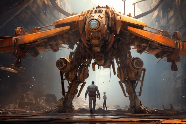 hombre y un enorme robot mecánico de pie por IA generativa