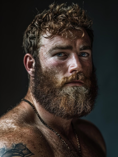 Un hombre enorme, sano y fuerte, con barba y músculos hinchados, en excelente forma física, profesión laboral