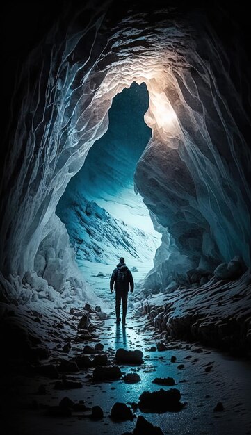 Foto un hombre entra en una cueva con una luz en la cabeza
