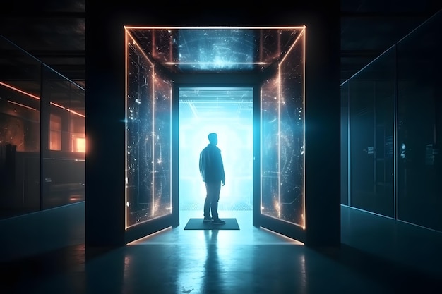 El hombre entra en la puerta de entrada al futuro que avanza hacia Metaverse New Technology Web30 Blockchain y la próxima capa de Internet Ilustración futurista IA generativa