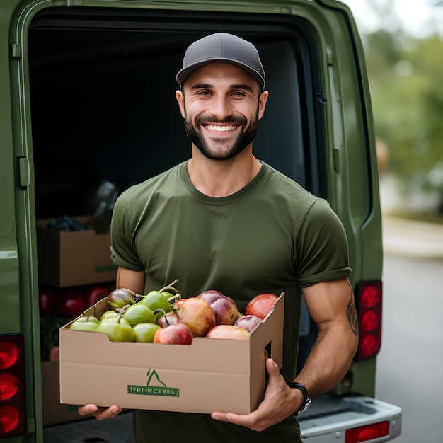 El hombre de la entrega de alimentos con una camiseta de oliva sosteniendo una caja de comida