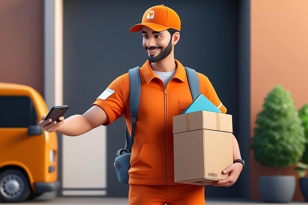 El hombre de la entrega de alimentos en uniforme naranja aparece en la pantalla del teléfono inteligente con un paquete o una caja de alimentos en la mano