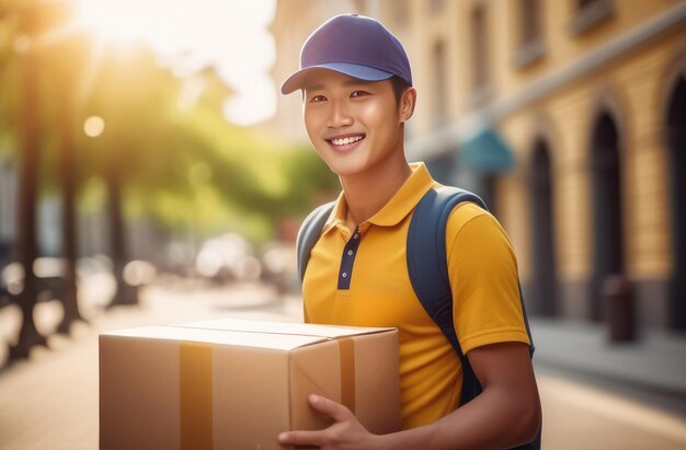 Hombre de entrega asiático sonriente con gorra azul sosteniendo una caja de cartón en el fondo de la calle de la ciudad