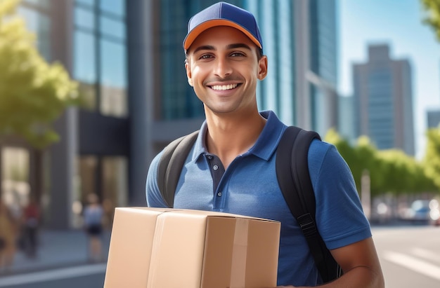 Hombre de entrega caucásico sonriente con gorra azul sosteniendo una caja de cartón en el fondo de la calle de la ciudad