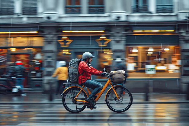 Un hombre entrega comida en una bicicleta eléctrica El trabajo del servicio de entrega