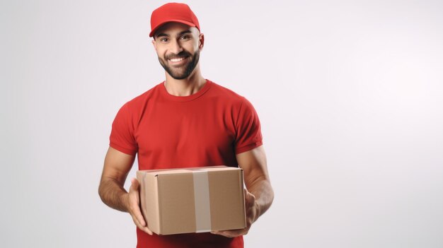 Un hombre de entrega entregando paquetes y sonriendo de fondo blanco puro fotografía medio cerca