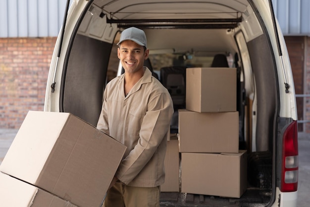 Foto hombre de entrega llevando cajas de cartón en un carrito cerca de la furgoneta fuera del almacén